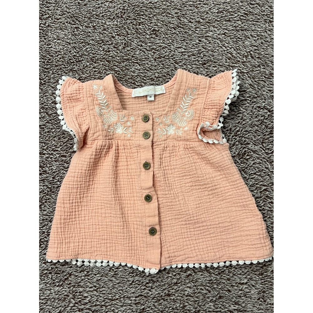 RZ Rachel Zoe Girls 4T Peach Gauze Embroidered Boho Pom Pom Flutter Sleeve Top